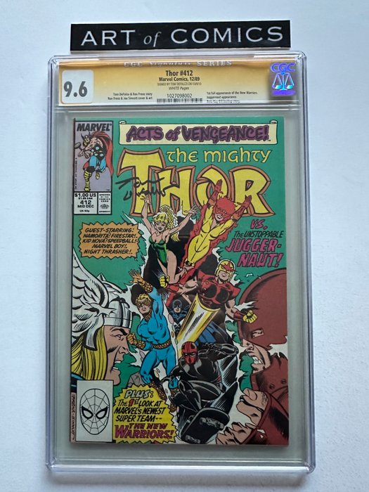 Thor #412 - Signed By Tom DeFalco - 1st Full Appearance New Warriors - Juggernaut Appearance - Beta Ray Bill Backup Story - Signature Series CGC Graded 9.6 - Key Book - 1 Signed graded comic - Første udgave - 1989