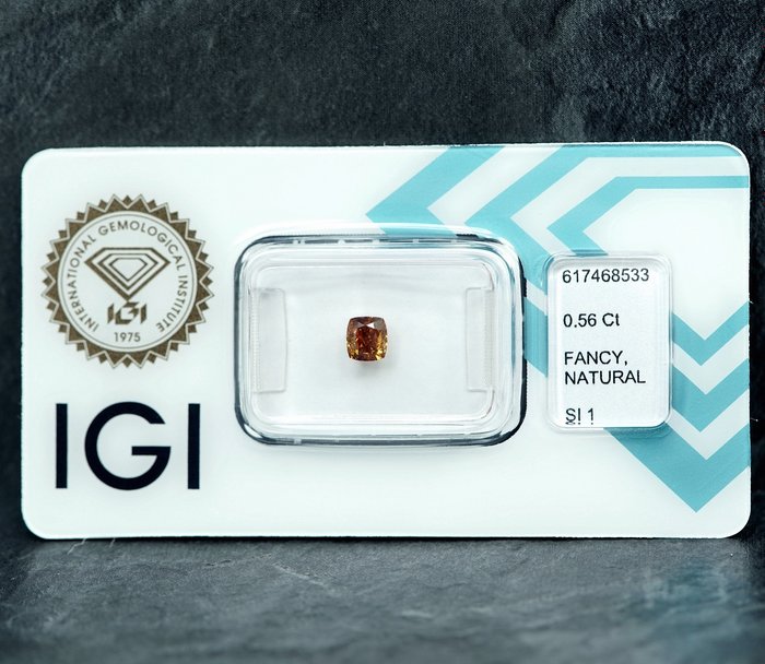 1 pcs Diamant  (Naturfarvet)  - 0.56 ct - Fancy intense Orange nuance Gul - SI1 - International Gemological Institute (IGI)