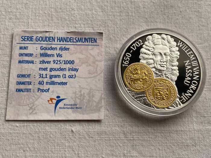 Hollandske Antiller. 10 Gulden 2001 Handelsmunt 'Willem III' zilver met gouden inlay  (Ingen mindstepris)