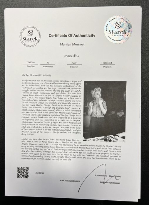 Marilyn Monroe - Fine Art Photography - Luxury Wooden Framed 70X50 cm - Limited Edition Nr 02 of 30 - Serial ID 30133 - Original Certificate (COA), Hologram Logo Editor and QR Code - 100% New item