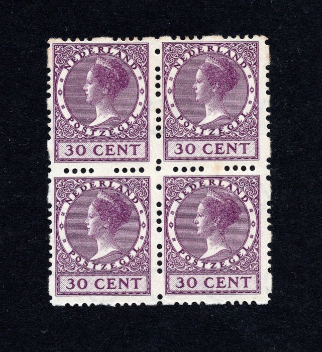 Holland 1926 - Dronning Wilhelmina 'Veth' 30 cent rulleperforering i blok af 4 med speciel perforering - Gratis - NVPH R53c