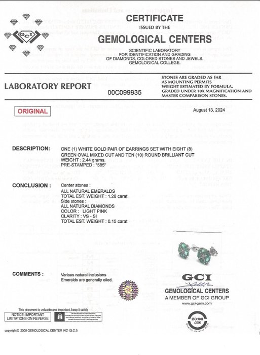 Ingen mindstepris - Øreringe - 14 karat Hvidguld -  143ct tw Smaragd - Diamant - Pink - GCI