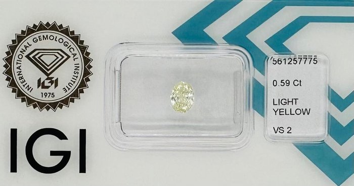 1 pcs Diamant  (Naturfarvet)  - 0.59 ct - Oval - Light Gul - VS2 - International Gemological Institute (IGI)