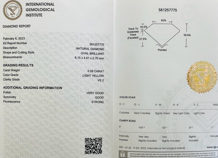 1 pcs Diamant  (Naturfarvet)  - 059 ct - Oval - Light Gul - VS2 - International Gemological Institute (IGI)