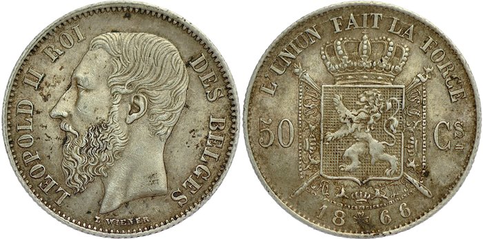 Belgien. Leopold II (1865-1909). 50 Centimes 1866 FR - without point after engraver’s initial