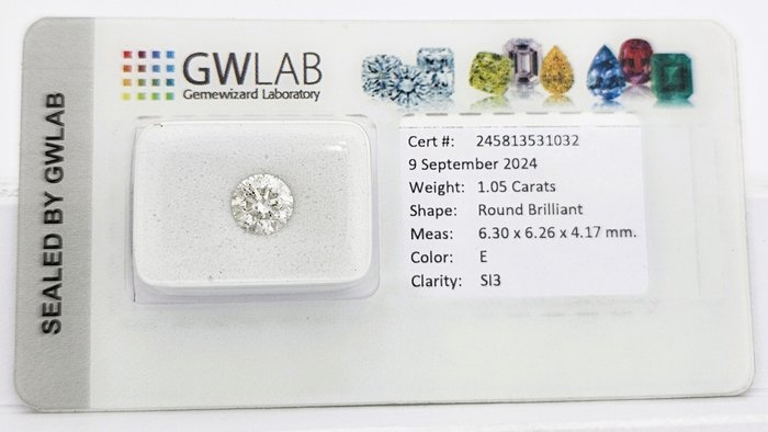 Ingen mindstepris - 1 pcs Diamant  (Natur)  - 1.05 ct - Rund - E - SI3 - Gemewizard Gemological Laboratory (GWLab)