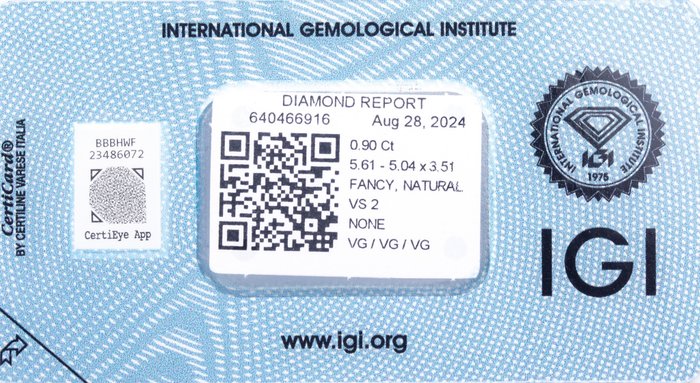 Ingen mindstepris - 1 pcs Diamant  (Naturfarvet)  - 0.90 ct - Pude - Fancy light Gul - VS2 - International Gemological Institute (IGI)