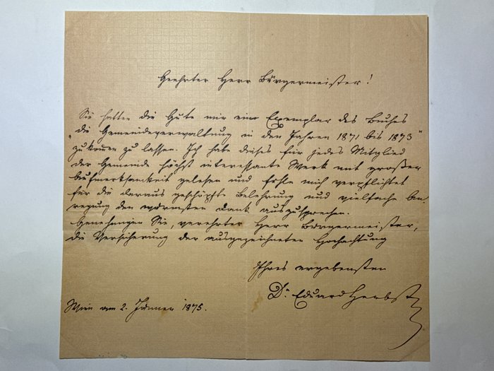 Eduard Herbst (1820-1892) österreichischer Rechtsgelehrter und Justizminister - Eigenhändiger und signierter Brief an den Bürgermeister von Wien Cajetan von Felder - 1875