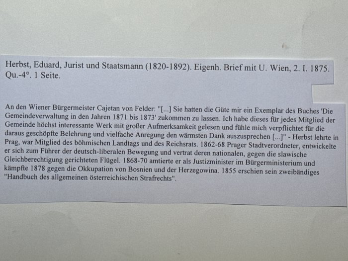 Eduard Herbst (1820-1892) österreichischer Rechtsgelehrter und Justizminister - Eigenhändiger und signierter Brief an den Bürgermeister von Wien Cajetan von Felder - 1875