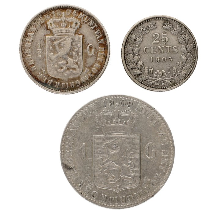 Holland. Wilhelmina (1890-1948). 25 Cents, ½ Gulden, 1 Gulden 1904/1909  (Ingen mindstepris)