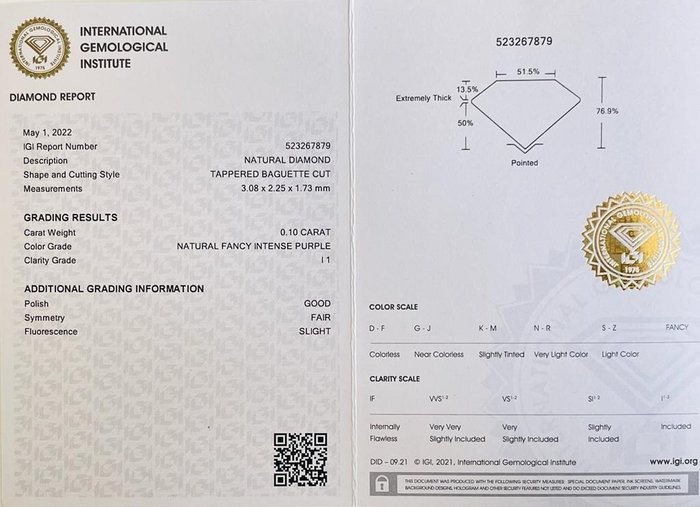 1 pcs Diamant  (Naturfarvet)  - 0.10 ct - Tilspidset - Fancy intense Lilla - I1 - International Gemological Institute (IGI)