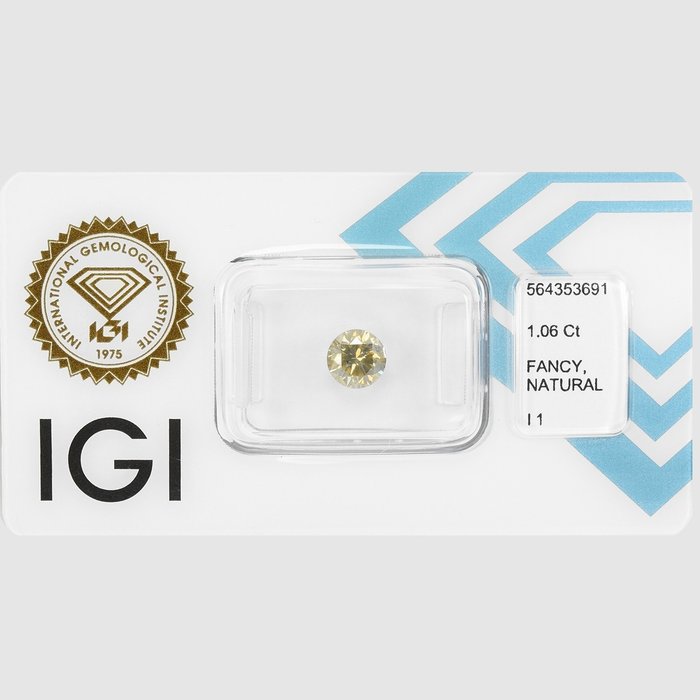 1 pcs Diamant  (Natur)  - 1.06 ct - Rund - I1 - International Gemological Institute (IGI) - fancy lys brunlig gul