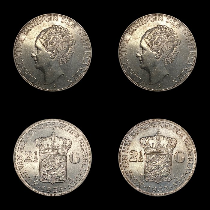 Holland. Wilhelmina (1890-1948). 2 1/2 Gulden 1933+1933 Grof Haar (2 Coins)  (Ingen mindstepris)