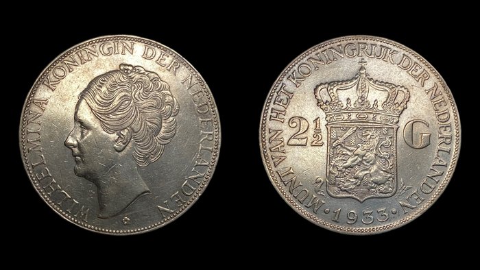 Holland. Wilhelmina (1890-1948). 2 1/2 Gulden 1933+1933 Grof Haar (2 Coins)  (Ingen mindstepris)