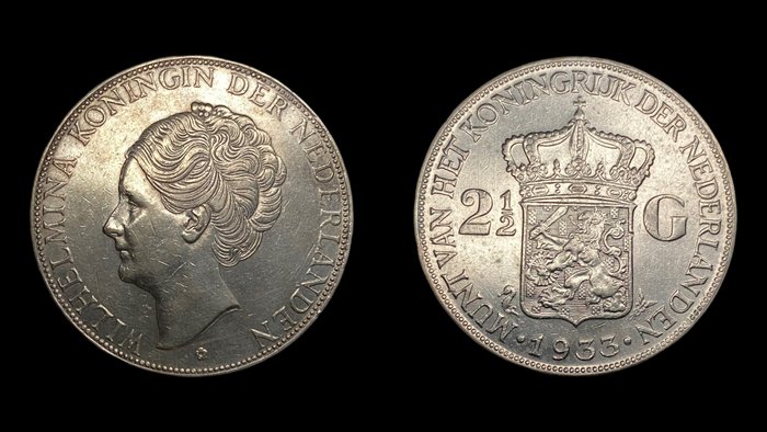 Holland. Wilhelmina (1890-1948). 2 1/2 Gulden 1933+1933 Grof Haar (2 Coins)  (Ingen mindstepris)