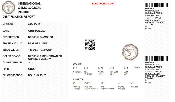 Ingen mindstepris - 4 pcs Diamant  (Naturfarvet)  - 0.90 ct - Pære - Fancy Brunlig, Orange nuance Gul - SI1 - International Gemological Institute (IGI)