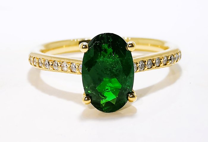 Ring - 18 kraat Gulguld, Tsavorite Vivid Deep Green 1.10ct Tsavorit - Diamant