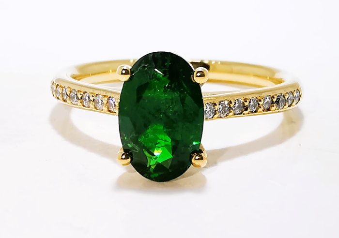 Ring - 18 kraat Gulguld, Tsavorite Vivid Deep Green 1.10ct Tsavorit - Diamant