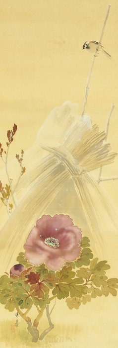 Winter Cold Peonies and Sparrow with Box - with signature and seal 'Shugi' 秀羲 - Japan  (Ingen mindstepris)