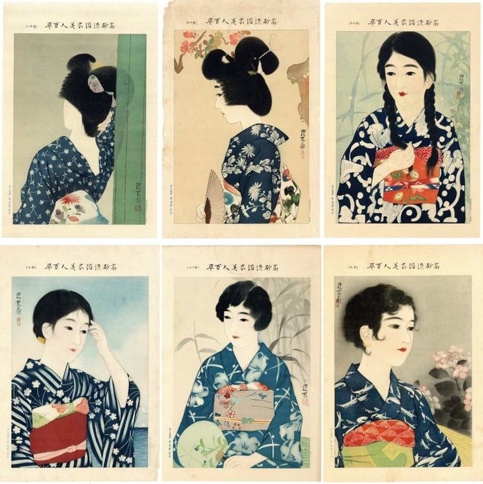 Six designs from the series ‘One Hundred Beauties in Takasago-dye Light Kimono' - 1931 (Shōwa 6) - Ito Shinsui (1898-1972) - Japan  (Ingen mindstepris)