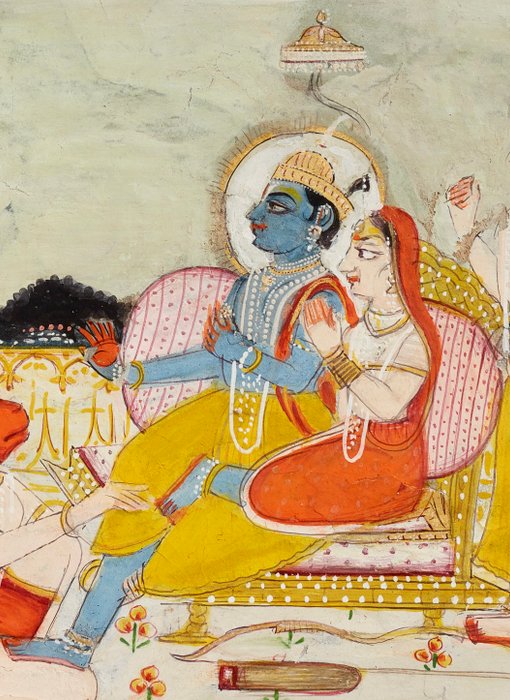 Artista di scuola Jaipur - Rara miniatura raffigurante i festeggiamenti del ritorno di Sita da Lanka, XIX secolo