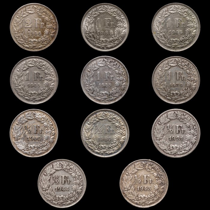 Schweiz. 2, 1 y 1/2 Franc 1921-1966/ 11 monedas  (Ingen mindstepris)