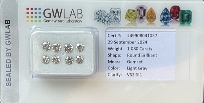 Ingen mindstepris - 8 pcs Diamant  (Natur)  - 1.08 ct - Rund - SI1, VS2 - Gemewizard Gemological Laboratory (GWLab) - lysegrå