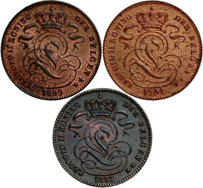 Belgien. Leopold II (1865-1909). LOT of 3x 1 Centiem 1887 + 1901 + 1899 VL - last one with incomplete or faulty engraver's name