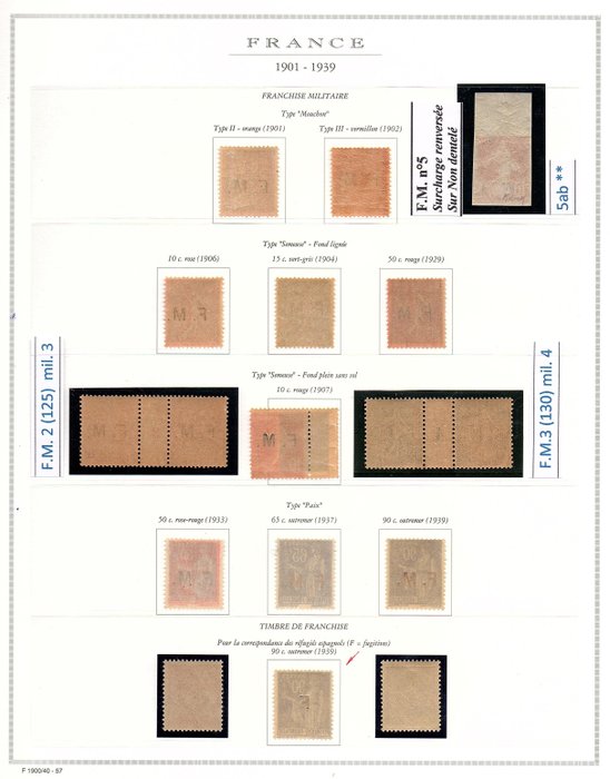 Frankrig  - F. M. - 1901 / 1939 - Nyt ** Militære Franchise-mærker + Årgange + Varieteter. (klassificeret