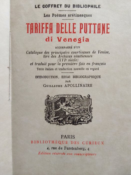 L'Arétin / Apollinaire - Tariffa delle puttane di Venegia [1/10 sur japon Impérial] - 1911