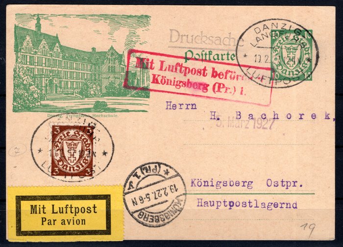 Gdańsk 1927 - Smukt postpapir med ekstra frankering med postflyvning til Königsberg - Michel P 38 I