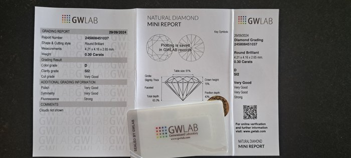 Ingen mindstepris - 1 pcs Diamant  (Natur)  - 0.30 ct - Rund - D (farveløs) - SI2 - Gemewizard Gemological Laboratory (GWLab)