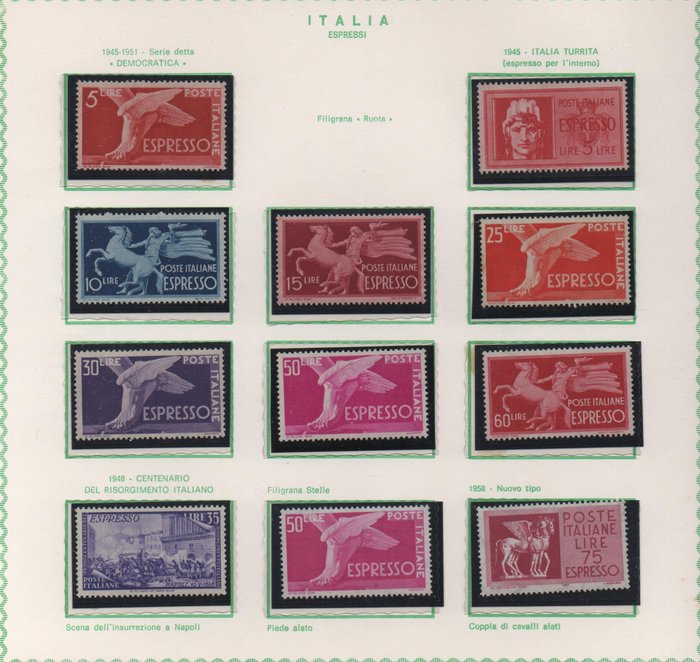 Italien 1946/1951 - Komplet Italiensk Republik Air Mail og Express Lot hjul og stjerne vandmærke