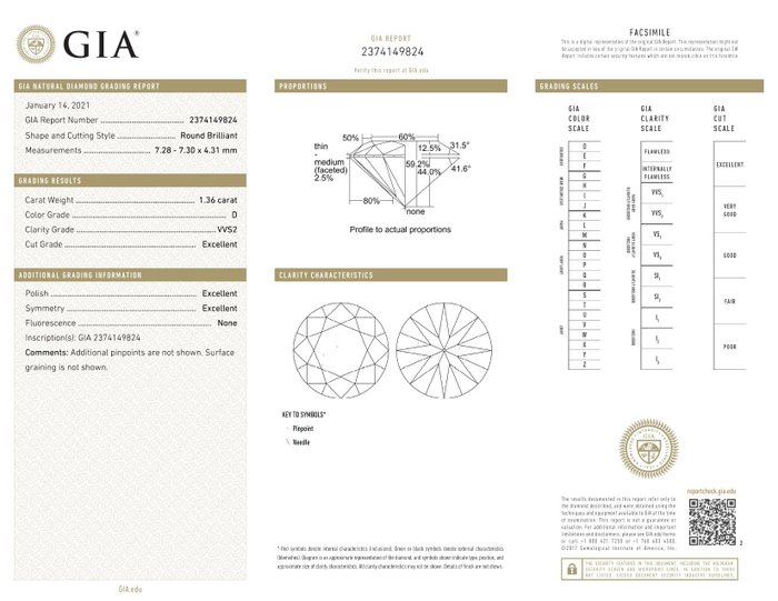 1 pcs Diamant  (Natur)  - 1.36 ct - Rund - D (farveløs) - VVS2 - Gemological Institute of America (GIA) - a8