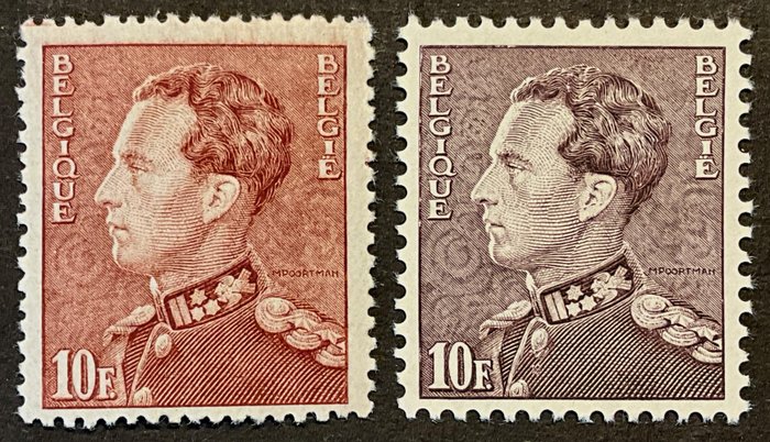 Belgien 1936 - Poortman 10 fr nuancer Lysebrun, lillagrå - POSTFRIS - OBP 434A / 434B