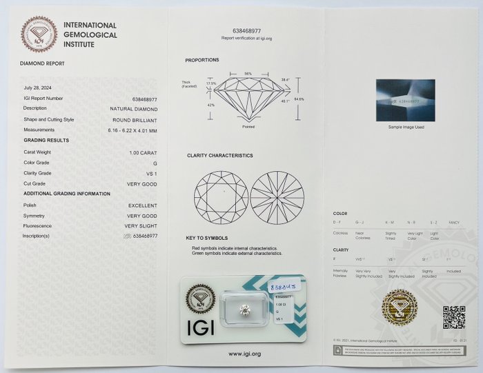 1 pcs Diamant  (Natur)  - 1.00 ct - Rund - G - VS1 - International Gemological Institute (IGI)