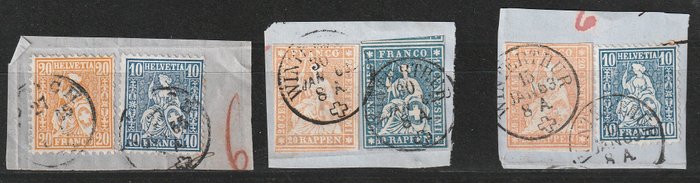 Schweiz 1856 - Strubel/siddende Helvetia. 30 RP porto på brevstykker, med knap blandet porto