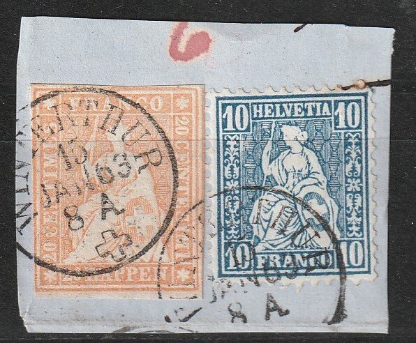 Schweiz 1856 - Strubel/siddende Helvetia. 30 RP porto på brevstykker, med knap blandet porto