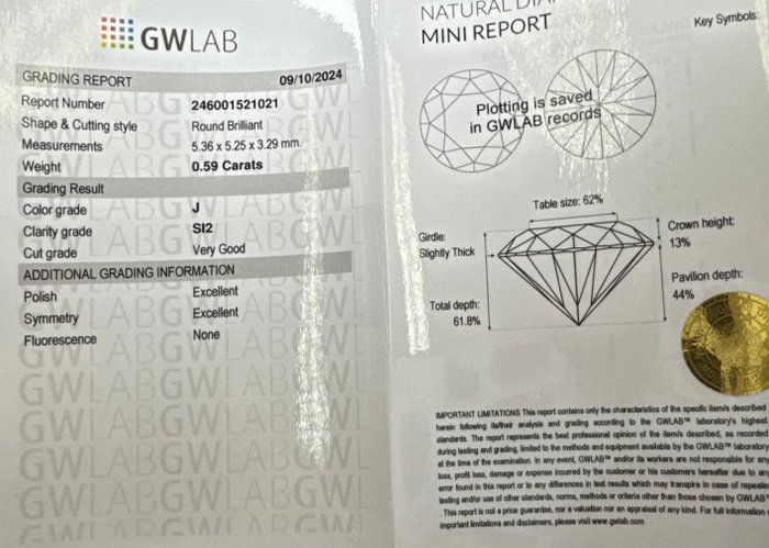 Ingen mindstepris - 1 pcs Diamant  (Natur)  - 0.59 ct - Rund - J - SI2 - Gemewizard Gemological Laboratory (GWLab)