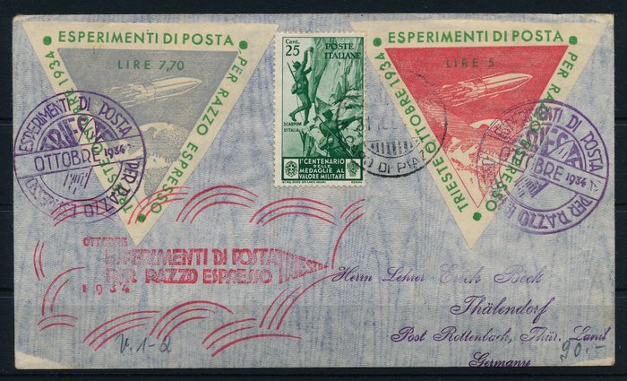 Italien 1934 - Eksperimentel raketpost med trekantet raketpoststempel nr. 2 til 7,70 og - zusätzliche Freimarken Nr. 494/495