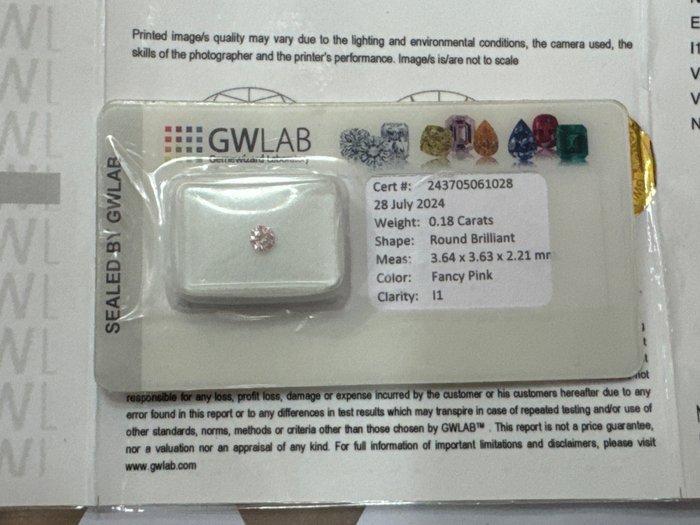 1 pcs Diamant  (Naturfarvet)  - 0.18 ct - Rund - Fancy Lyserød - I1 - Gemewizard Gemological Laboratory (GWLab) - Fancy pink!!!