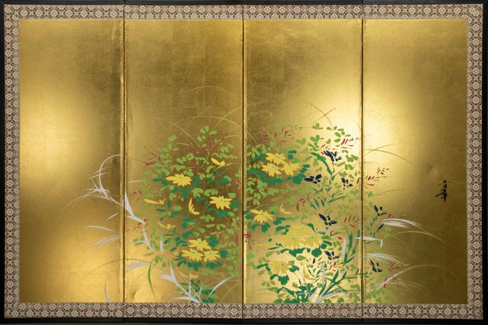 Byōbu foldeskærm - Papir, Træ, En levende blomstret guld-fire-panel foldeskærm byōbu - Japan