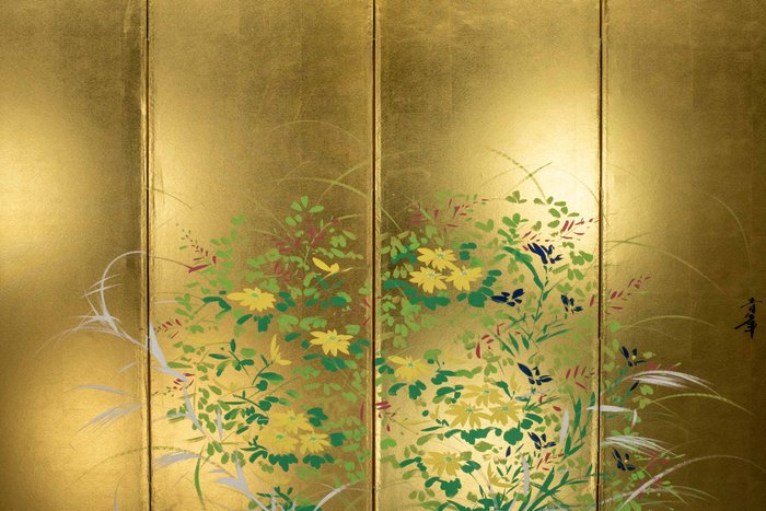 Byōbu foldeskærm - Papir, Træ, En levende blomstret guld-fire-panel foldeskærm byōbu - Japan