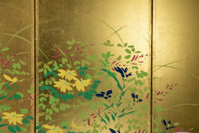 Byōbu foldeskærm - Papir, Træ, En levende blomstret guld-fire-panel foldeskærm byōbu - Japan