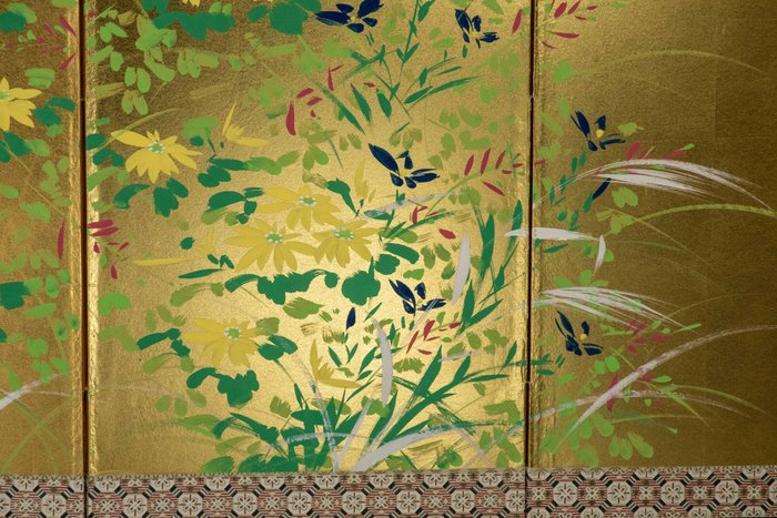 Byōbu foldeskærm - Papir, Træ, En levende blomstret guld-fire-panel foldeskærm byōbu - Japan