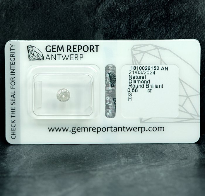 Ingen mindstepris - 1 pcs Diamant  (Natur)  - 0.56 ct - H - I3 - Gem Report Antwerp (GRA)