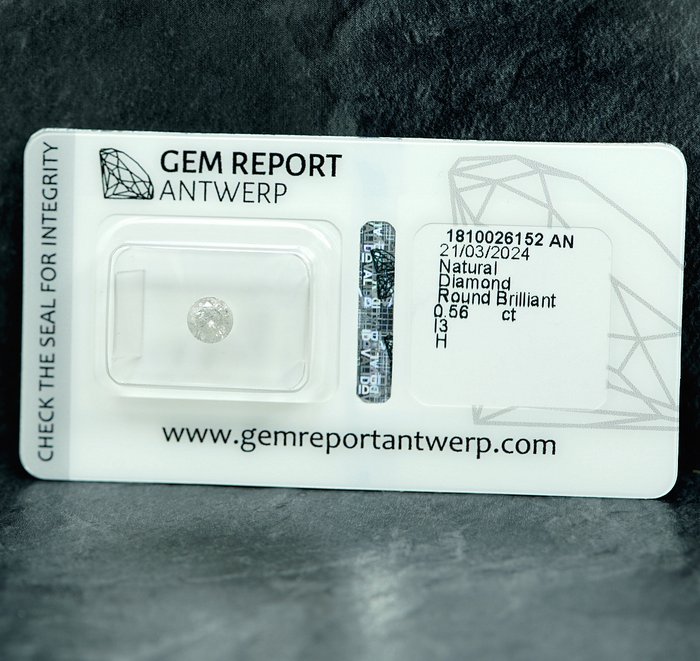 Ingen mindstepris - 1 pcs Diamant  (Natur)  - 0.56 ct - H - I3 - Gem Report Antwerp (GRA)