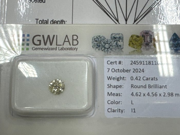 Ingen mindstepris - 1 pcs Diamant  (Natur)  - 0.42 ct - Rund - L - I1 - Gemewizard Gemological Laboratory (GWLab)