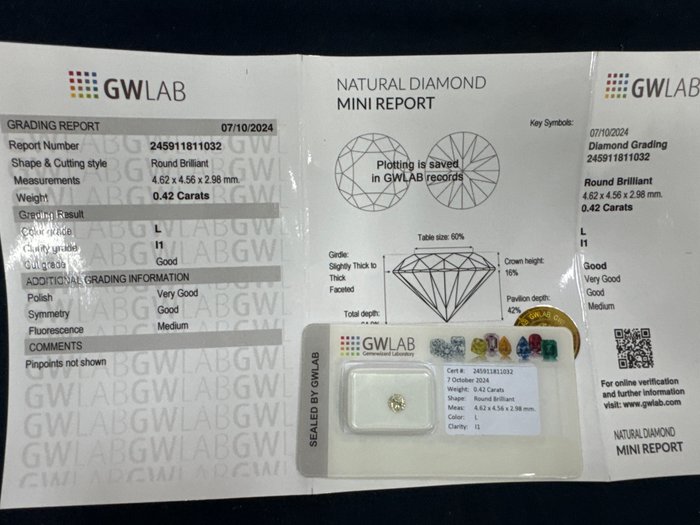 Ingen mindstepris - 1 pcs Diamant  (Natur)  - 0.42 ct - Rund - L - I1 - Gemewizard Gemological Laboratory (GWLab)