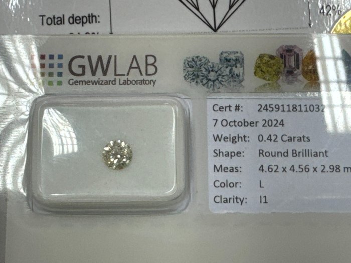 Ingen mindstepris - 1 pcs Diamant  (Natur)  - 0.42 ct - Rund - L - I1 - Gemewizard Gemological Laboratory (GWLab)